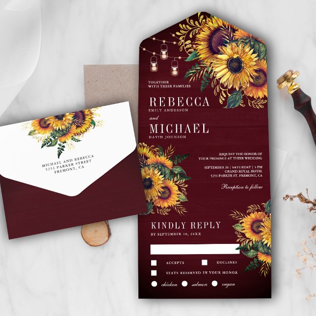 Invitación Todo En Uno Boda Rústico Burgundy Wood Boho Sunflowers (Subido por el creador)