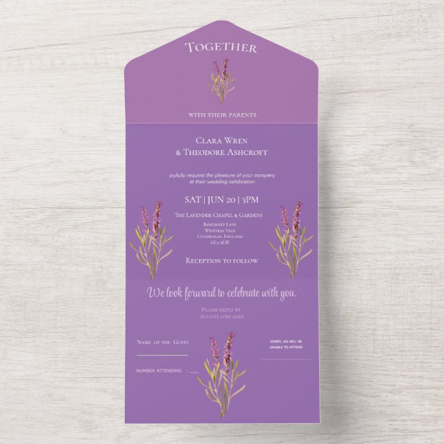 Invitación Todo En Uno boda rústico con lavanda (Interior)