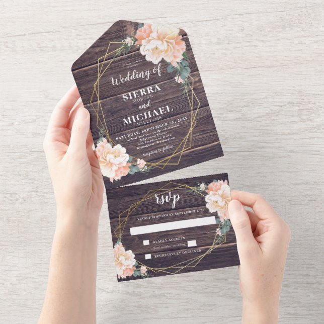 Invitación Todo En Uno Boda Rústico de Barnwood Floral Peach Cream Gold (desgarro)