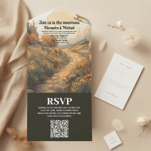 Invitación Todo En Uno Boda Rústico de Bosque de Montaña Evergreen Código