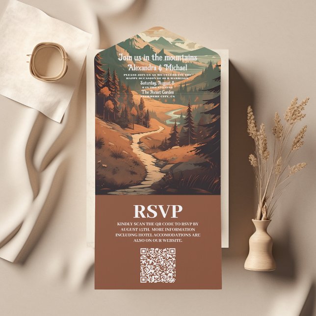 Invitación Todo En Uno Boda Rústico de Bosque de Montaña Evergreen Código (Subido por el creador)