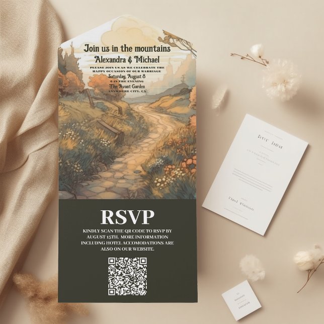 Invitación Todo En Uno Boda Rústico de Bosque de Montaña Evergreen Código (Subido por el creador)