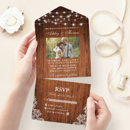 Invitación Todo En Uno Boda Rústico de cuerda de madera Luces de encaje F