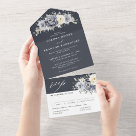 Invitación Todo En Uno Boda Rústico de Invierno de Marfil Gris Plateado T