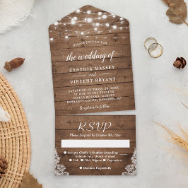 Invitación Todo En Uno Boda Rústico de la Madera de Barn Twinkle Lights