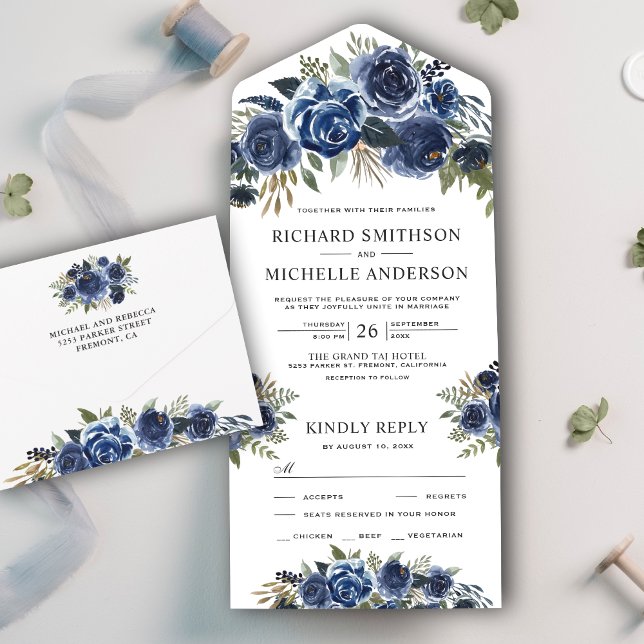 Invitación Todo En Uno Boda Rústico de la Marina Azul Floral (Subido por el creador)