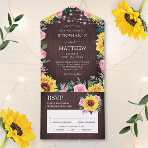 Invitación Todo En Uno Boda Rústico de las rosas rosadas del girasol