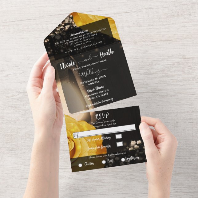 Invitación Todo En Uno Boda Rústico de Linternas y Rosas Amarillas + RSVP (desgarro)