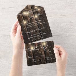 Invitación Todo En Uno Boda Rústico De Madera De Barn Con Luces De Cadena