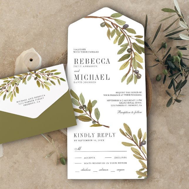 Invitación Todo En Uno Boda Rústico de Rama de Olive de Acuarela Botánica (Subido por el creador)