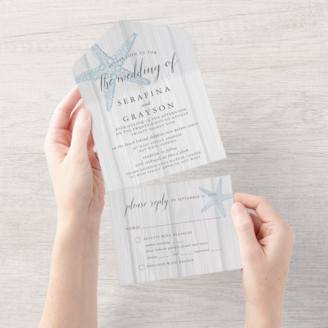 Invitación Todo En Uno Boda Rústico de Starfish Beach Destination (desgarro)
