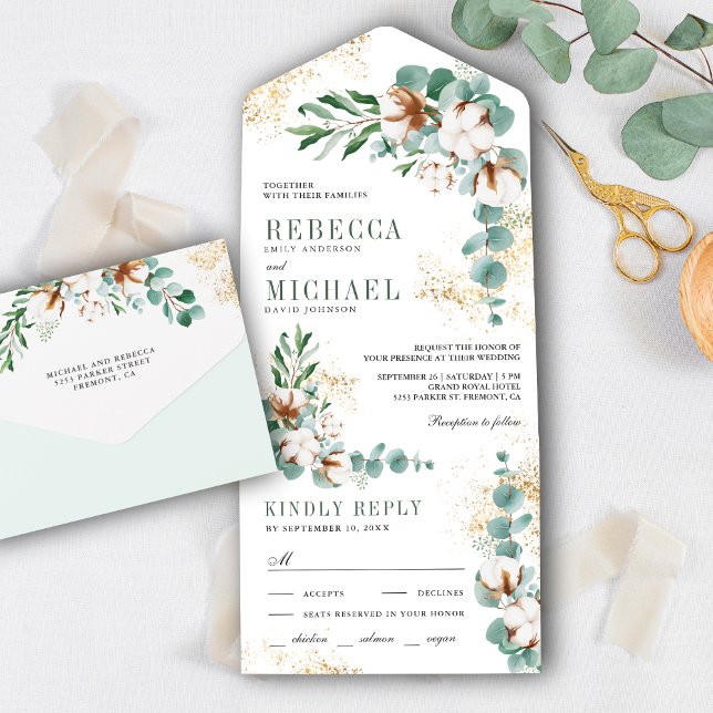 Invitación Todo En Uno Boda Rústico de Sucursal de Boho Cotton Gold Eucal (Subido por el creador)
