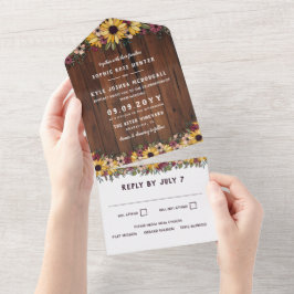 Invitación Todo En Uno Boda Rústico de Sunflowers Wood Grain