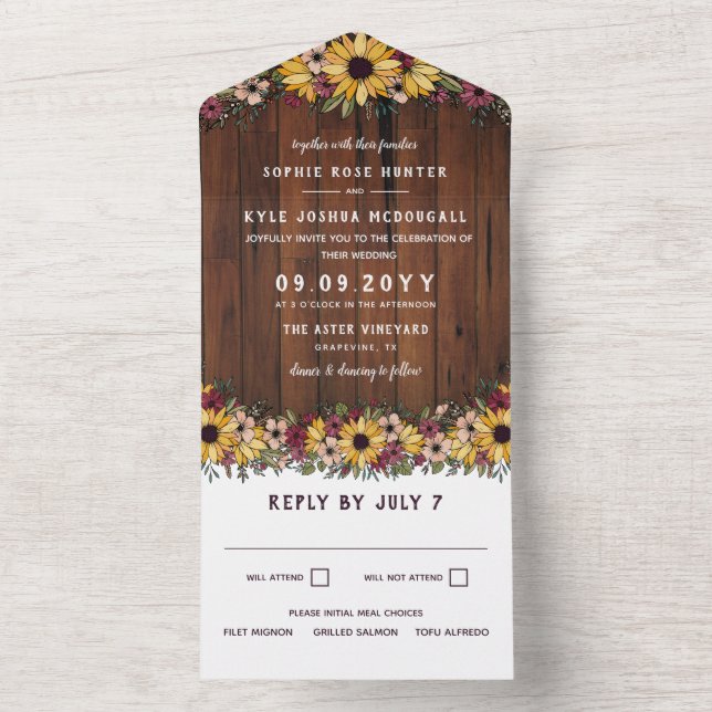 Invitación Todo En Uno Boda Rústico de Sunflowers Wood Grain (Interior)