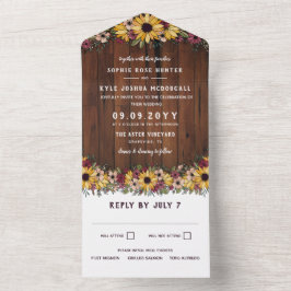Invitación Todo En Uno Boda Rústico de Sunflowers Wood Grain