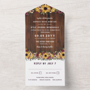 Invitación Todo En Uno Boda Rústico de Sunflowers Wood Grain