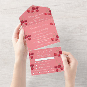 Invitación Todo En Uno Boda Rústico Elegante De Fruta De Cerezas Rojas