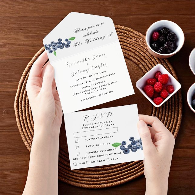 Invitación Todo En Uno Boda Rústico Elegante de verano con arándanos (Subido por el creador)