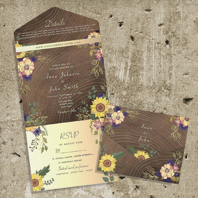 Invitación Todo En Uno Boda Rústico Floral Barn Wood (Subido por el creador)