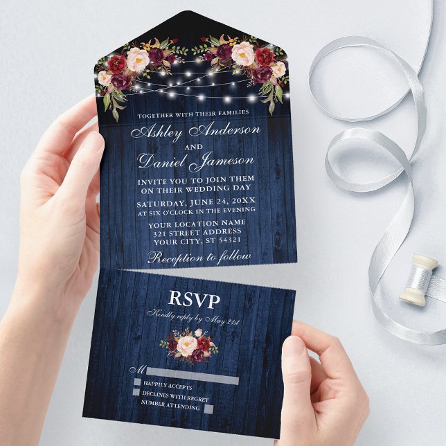 Invitación Todo En Uno Boda Rústico Floral Blue Wood Luces (All In One Wedding Invitation with tear off RSVP Card)