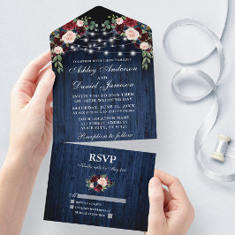 Invitación Todo En Uno Boda Rústico Floral Borgoña Luz de Madera Azul