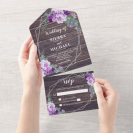 Invitación Todo En Uno Boda Rústico Floral de Barnwood y Morado