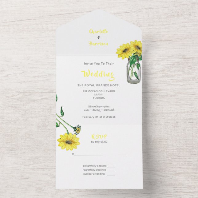 Invitación Todo En Uno Boda Rústico Floral Elegante De Girasol Todo En Un (Interior)