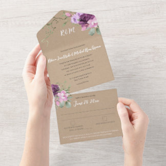 Invitación Todo En Uno Boda Rústico Floral Púrpura y Sage