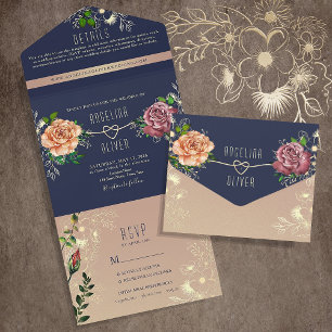 Invitación Todo En Uno Boda Rústico Floral Rosa y Azul Naval