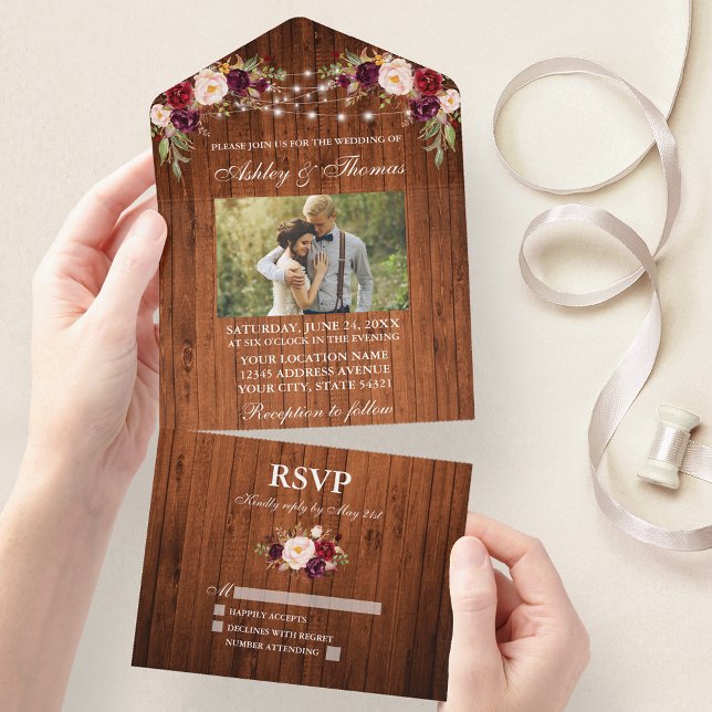 Invitación Todo En Uno Boda Rústico Floral Wood Lights Foto (All In One Wedding Invitation with tear off RSVP Card)