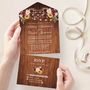 Invitación Todo En Uno Boda Rústico Luces de Madera Floral Mixta