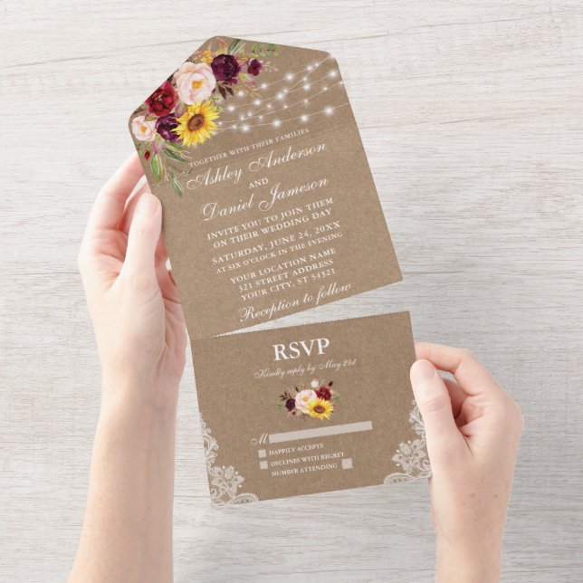 Invitación Todo En Uno Boda Rústico Luces Florales Mixtas Lace Kraft (desgarro)