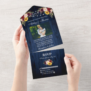 Invitación Todo En Uno Boda Rústico Luz Floral de Madera Azul Foto