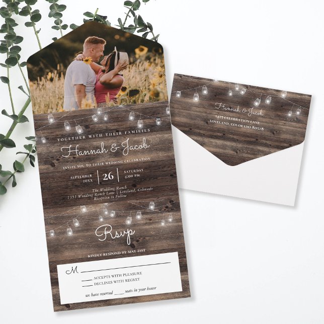 Invitación Todo En Uno Boda Rústico Mason Jar Barn Wood Photo (Subido por el creador)