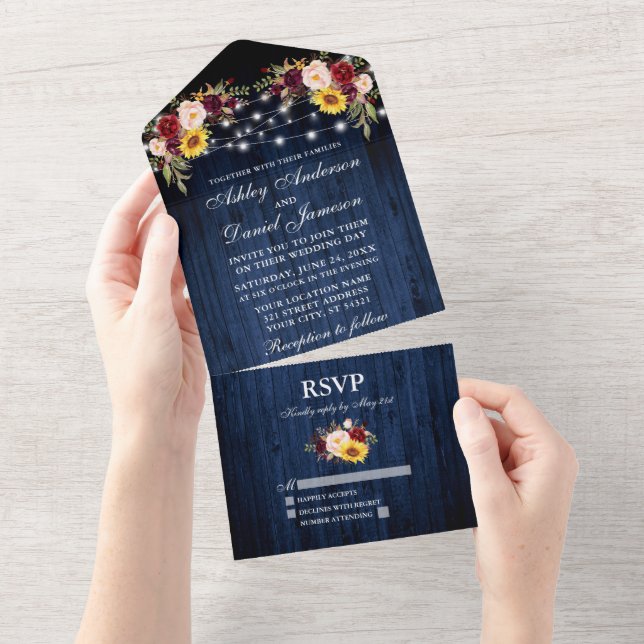 Invitación Todo En Uno Boda Rústico Mezcla Floral Azul Luz de Madera (desgarro)