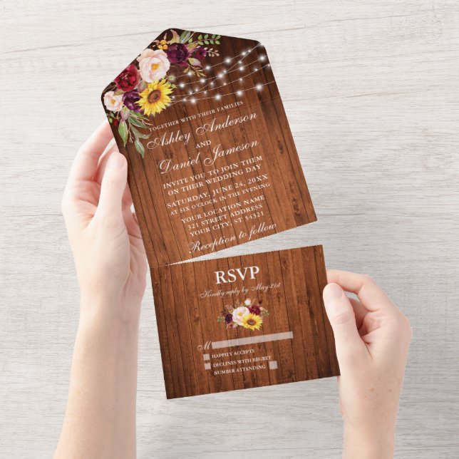 Invitación Todo En Uno Boda Rústico Mezcla Floral String Lights (desgarro)