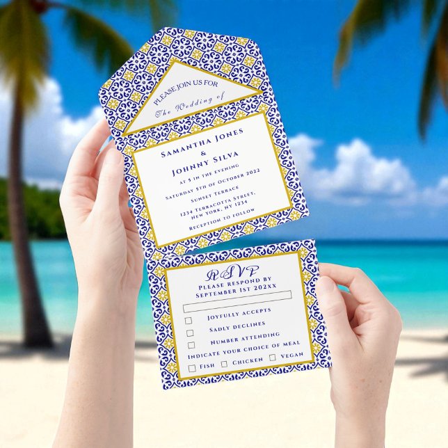 Invitación Todo En Uno Boda Rústico Portugués de Baldosas Mediterráneas (Subido por el creador)
