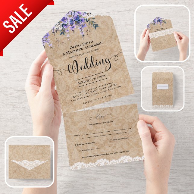 Invitación Todo En Uno Boda Rústico Púrpura Wisteria Lace (Subido por el creador)