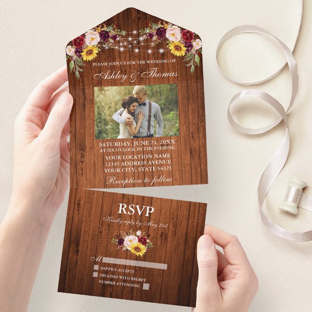 Invitación Todo En Uno Boda Rústico Wood Floral Light Photo (All In One Wedding Invitation with tear off RSVP Card)
