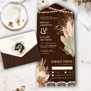 Invitación Todo En Uno Boda Rústico Wood Lace Boho Dried Palm Pampas