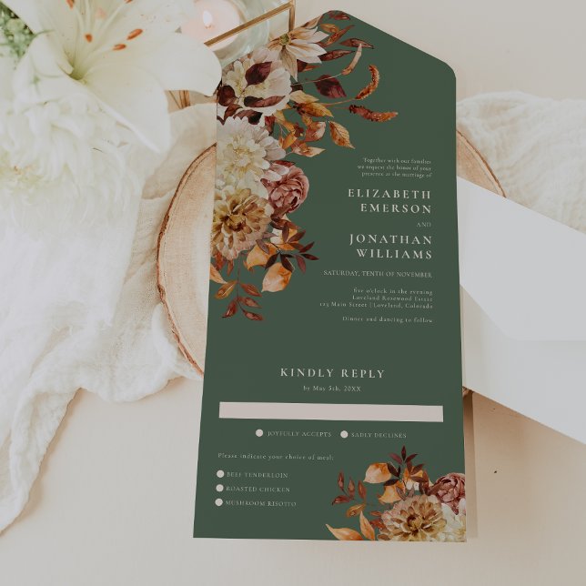 Invitación Todo En Uno Boda Sage (Sage Green Copper Leaves Fall Wedding All In One Invitation by Painted Paperie
)