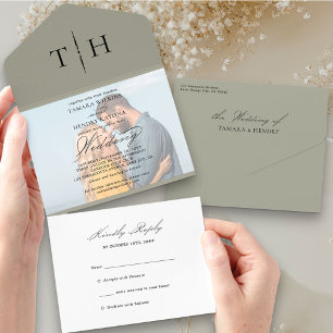 Invitación Todo En Uno Boda Sage Green RSVP Fotografía de caligrafía simp