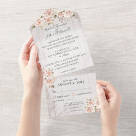 Invitación Todo En Uno Boda Shabby Chic de madera rústica y rosas románti