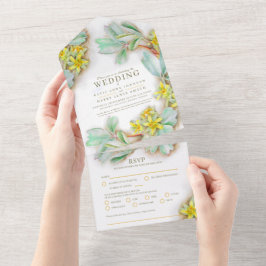 Invitación Todo En Uno Boda sibbaldia color de agua floral amarillo en