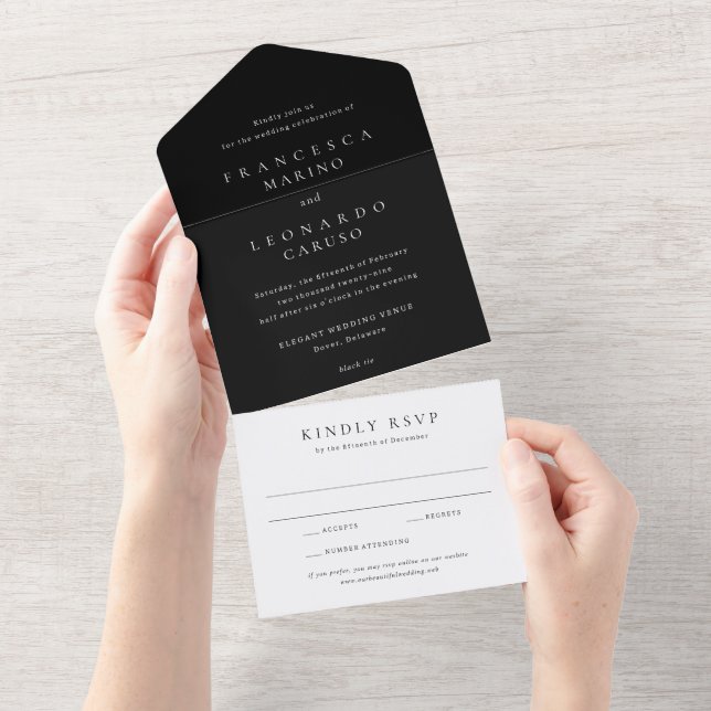 Invitación Todo En Uno Boda Simple Clásica Negra (desgarro)