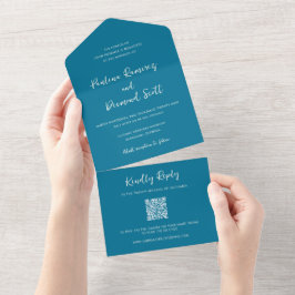 Invitación Todo En Uno Boda Simple Código QR Azul Moderno