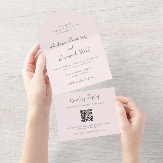 Invitación Todo En Uno Boda Simple Código QR Rosa Moderno (desgarro)