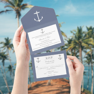 Invitación Todo En Uno Boda simple de ancla náutica   Azul agitado