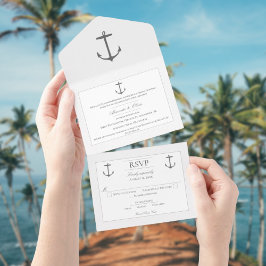 Invitación Todo En Uno Boda simple de ancla náutica | Blanco