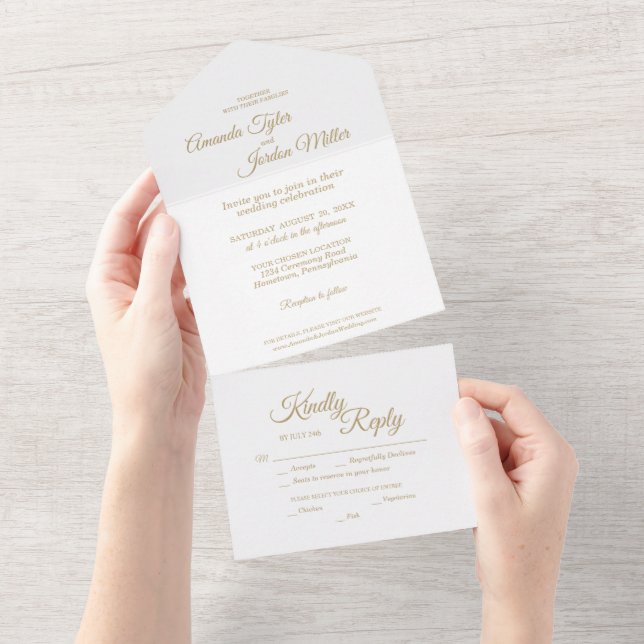 Invitación Todo En Uno Boda simple de caligrafía de oro (desgarro)